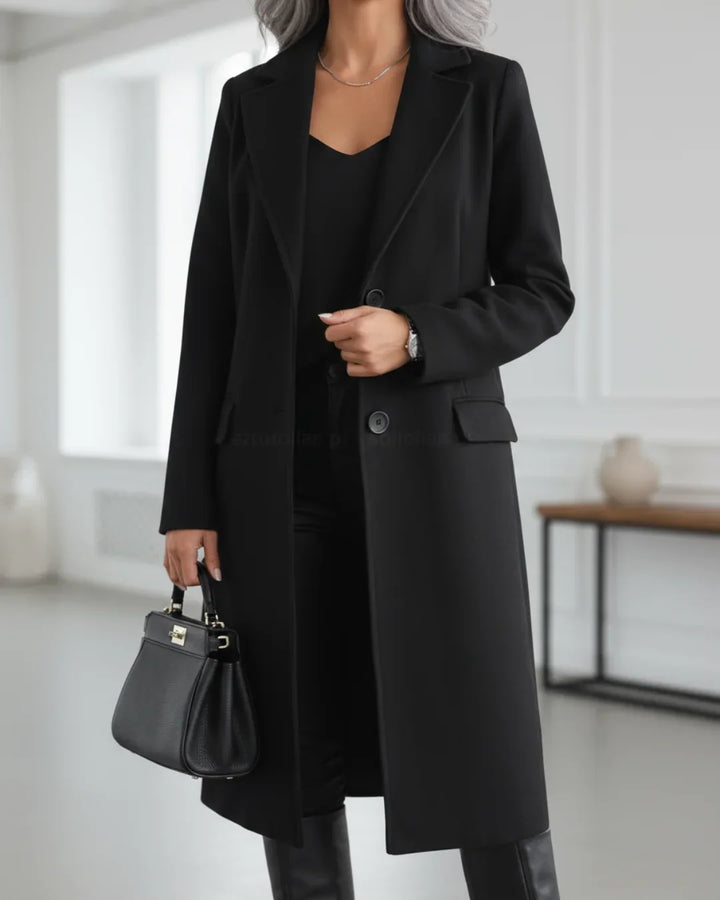 Long Tailored Wool Coat with Notched Lapel Modeberg Bern