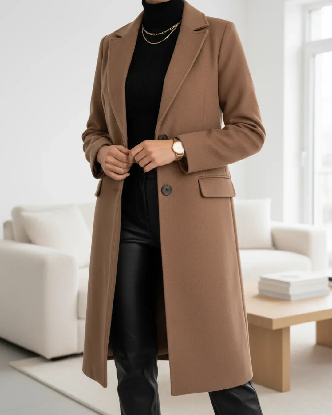 Long Tailored Wool Coat with Notched Lapel Modeberg Bern